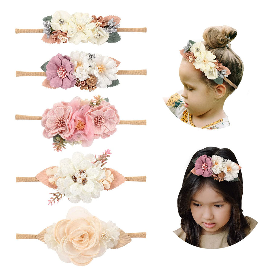 5 Pack White Pink Delicate Rose Flower Nylon Headbands Floral Hair Bows Daisy Flowers Headband Elastic Hair Bands Easter Christmas Hair Accessories for Baby Girls Newborns Infants Toddlers Kids
