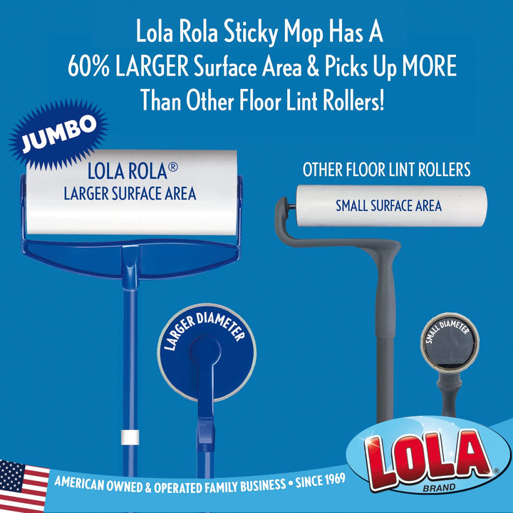 Lola Rola Sticky Mop, Giant Floor Lint Roller, 9 W x 3.5 Dia., Best Pet Hair Remover, Traps Dust, Dirt, Dog and Cat Hair on Carpet, 30 Large Adhesive Sheets - Stickiest on The Market