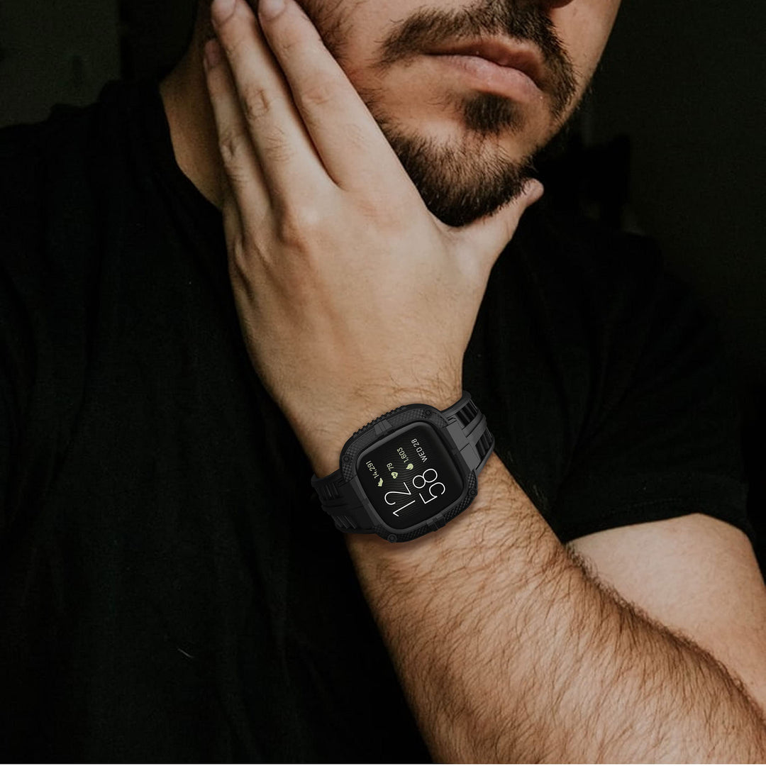 Compatible for Fitbit Versa 2 Bands All Round Protective Case Rugged Sport Band Wristbands for Men Women Black