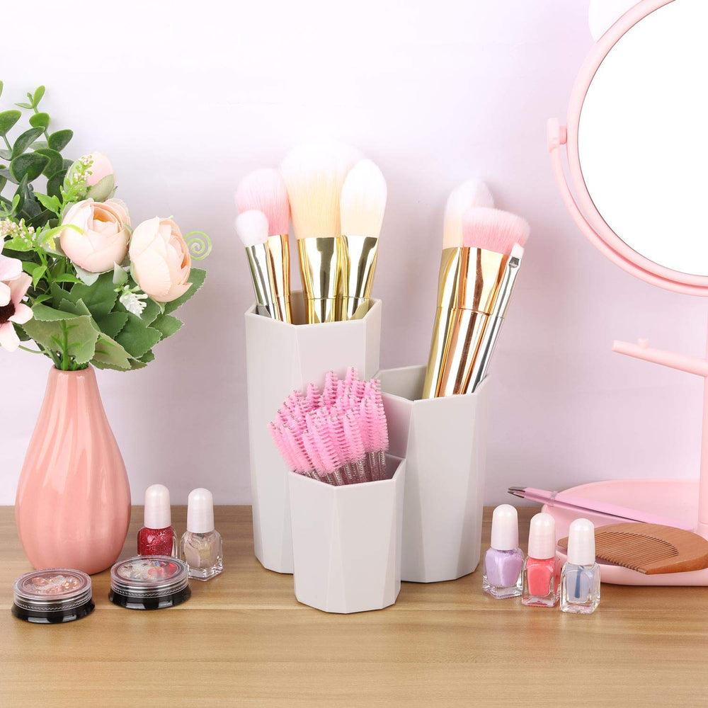 Plastic Makeup Brush Organizer Holder 3 Slot Cosmetic Storage Brushes Cup for Vanity, Desk, Bathroom Countertops (Gray)