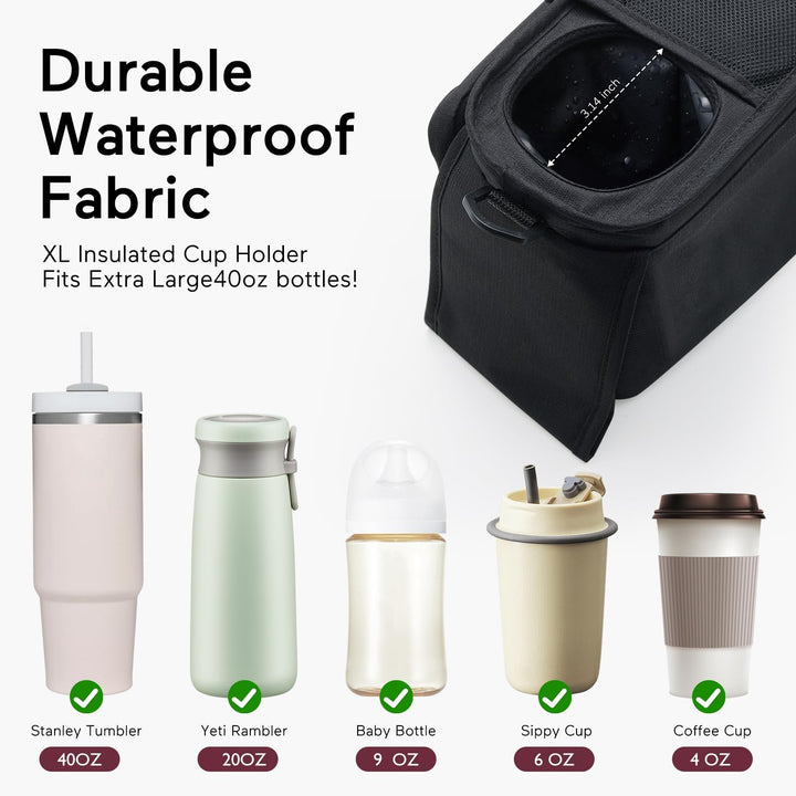 Stroller Organizer with Insulated Cup Holders, Detachable Phone Bag& Shoulder Strap, Fits for Universal Stroller Like Uppababy, Baby Jogger, Britax, Bugaboo, BOB, Umbrella and Pet Stroller