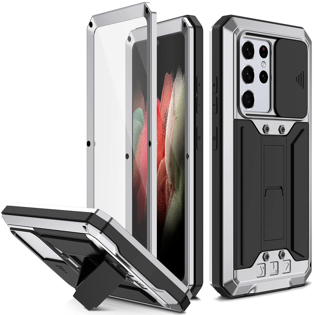 Compatible for Samsung Galaxy S21 Ultra Case, Aluminum Metal Gorilla Glass Shockproof Military Heavy Duty Sturdy Protector Cover Hard Case Silver