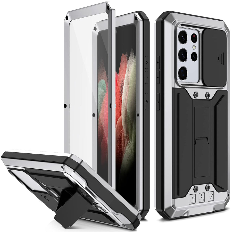 Compatible for Samsung Galaxy S21 Ultra Case, Aluminum Metal Gorilla Glass Shockproof Military Heavy Duty Sturdy Protector Cover Hard Case Silver