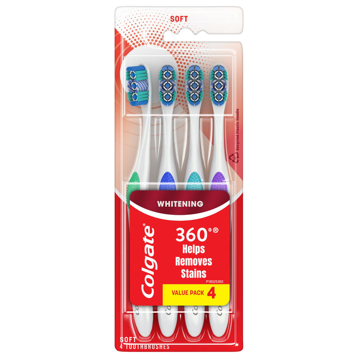 360 Optic White Whitening Toothbrush, Adult Soft Toothbrush with Whitening Cups, Helps Whiten Teeth and Removes Odor Causing Bacteria, 4 Pack