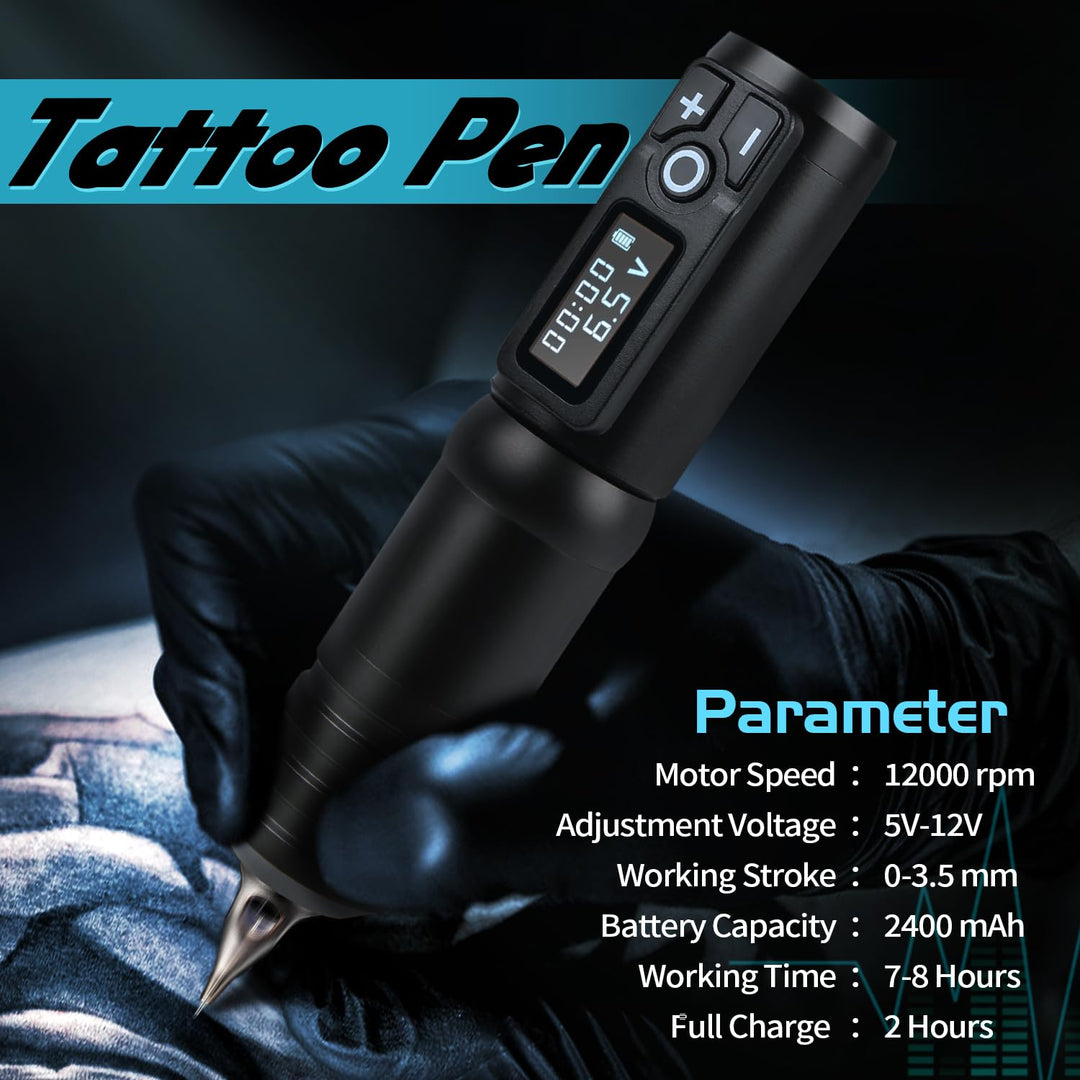 Wireless Tattoo Gun Machine, 2400mAh Recharge Battery Digital LCD Display Rotary Tattoo Pen Equipment for Skin Cartridges Guns Professional for Tattooing