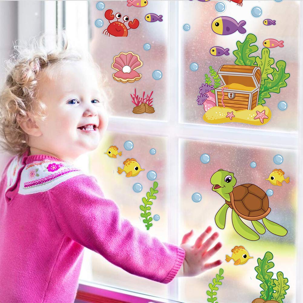 214PCS Ocean Themed Window Cling Stickers,Mermaid Sea Life Fish Window Decals for Kids Party Bathroom Decoration