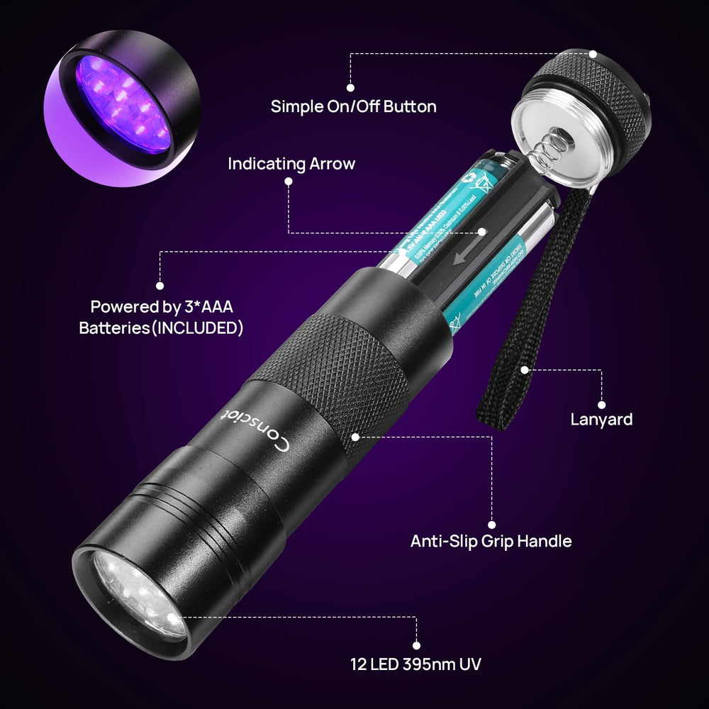 UV Flashlight Black Light, 12 LED 395nm Ultraviolet Blacklight, Portable Mini Torch Light Pet Urine Detector for Dog/Cat Urine, Dry Stains, Bed Bug, Matching with Pet Odor Eliminator