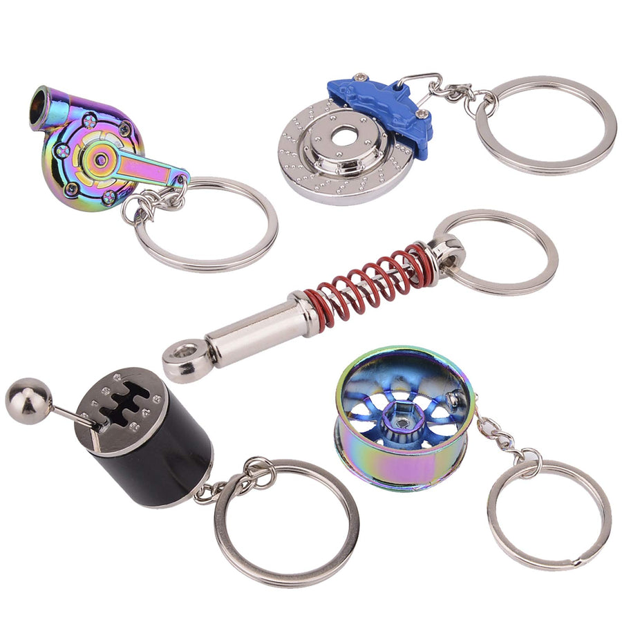 5 Pcs Car Parts Model Key Chains, Colorful Turbo Keychain, Black Manual Gearbox Keychain, Colorful Tire Rim Keychain, Blue Brake Rotor Keychain, Red Spring Shock-absorber Keychain