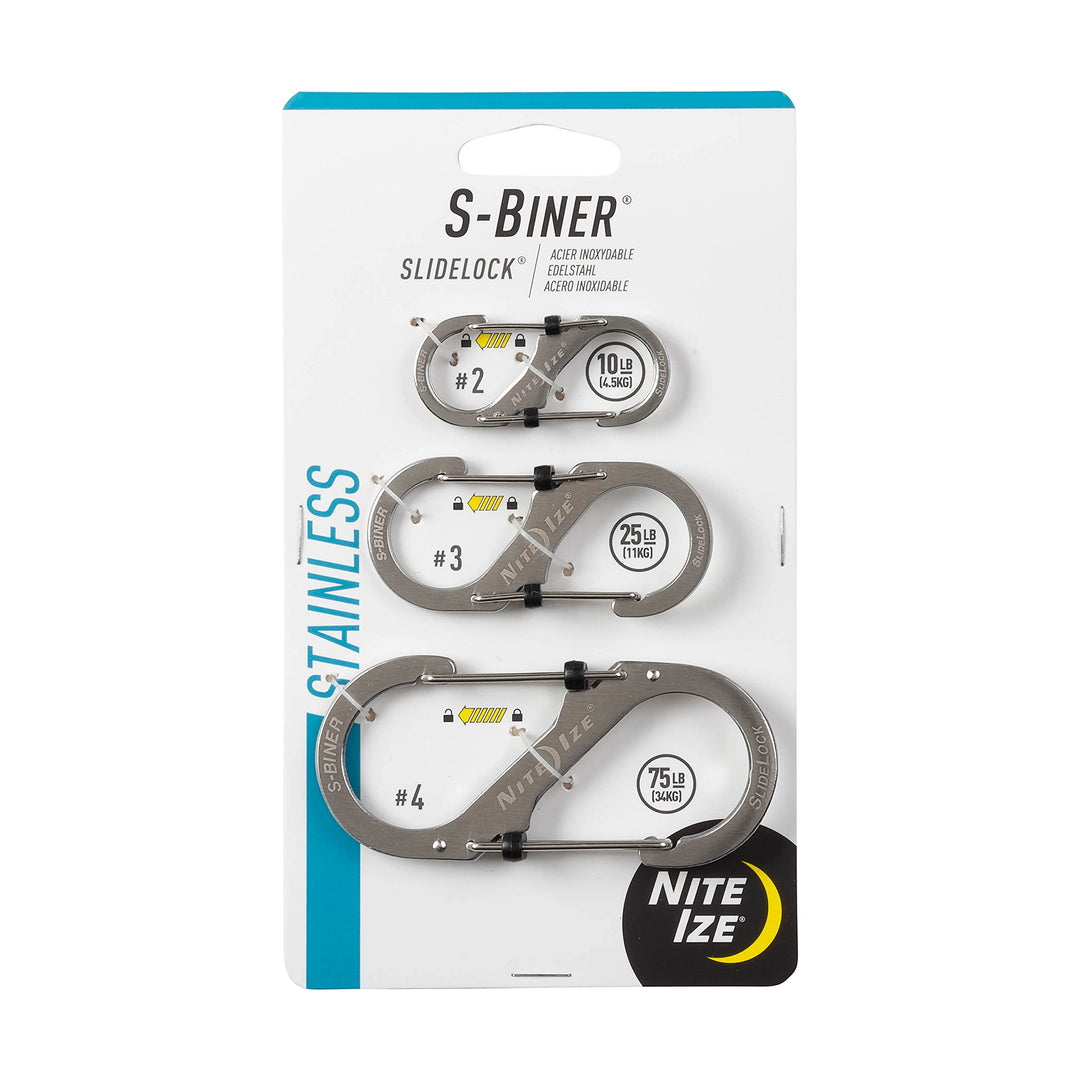 S-Biner SlideLock Stainless Steel Dual Locking Carabiner - S-Biner Key Holder with Locking Gate - Carabiner Organizer for Keys & Camping Accessories - Assorted Sizes, Stainless Steel (3 Pack)