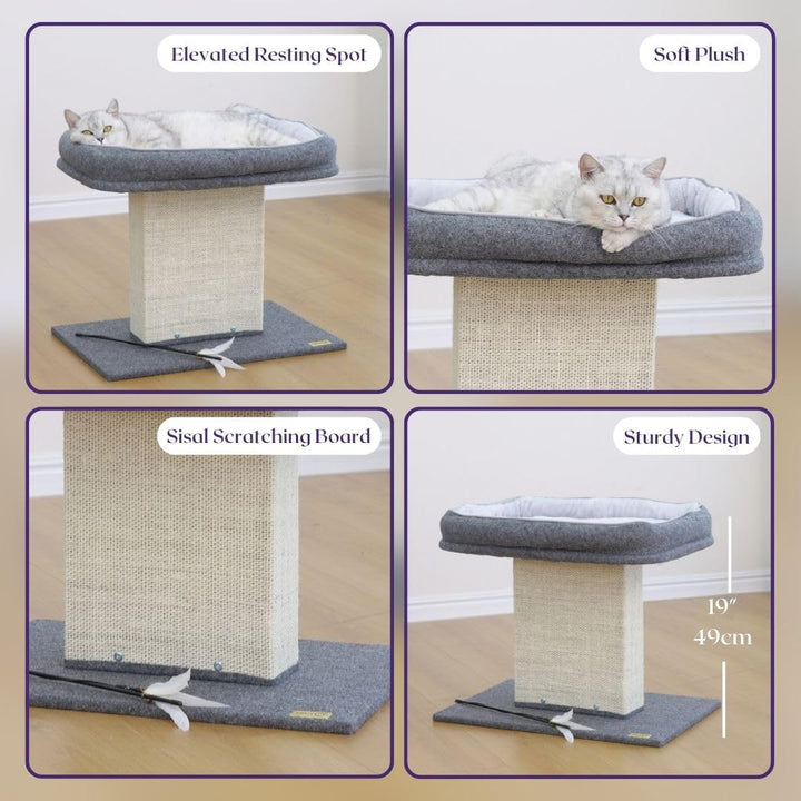 19 High 2-in-1 Elevated Cat Perch with Large Soft Felt Bed, Wide Sisal Scratching Post, Minimalist Cat Furniture for Climbing, Scratching & Resting, Fits All Indoor Cats & Home Décor, Grey
