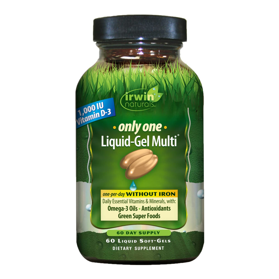 Only One Liquid-Gel Multi - 60 Liquid Softgels - No Iron Daily Essential Vitamins, Minerals, Antioxidants, Omega-3 & Green Super Foods