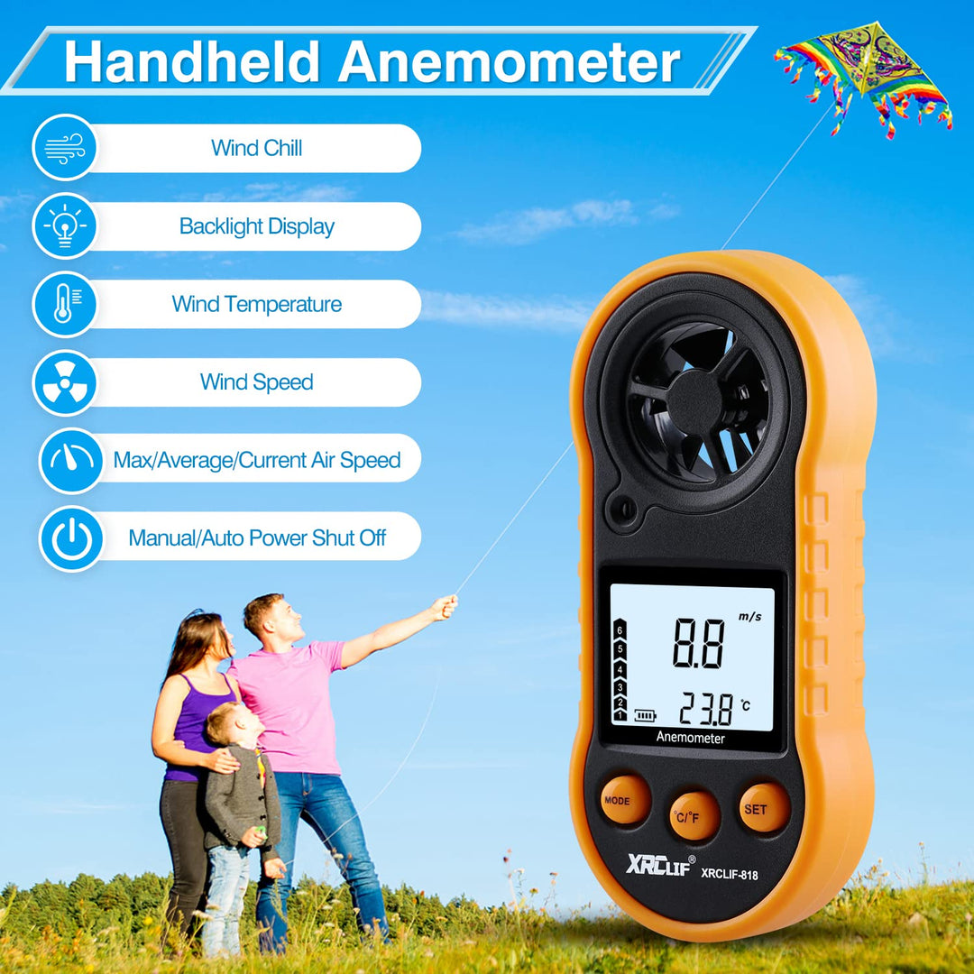Digital Wind Speed Meter Anemometer Handheld Wind Gauges Air Flow Velocity Meter for Measuring Wind Chill Temperature Speed, Wind Meter Thermometer Gauge for Shooting Windsurfing Fishing Hunting