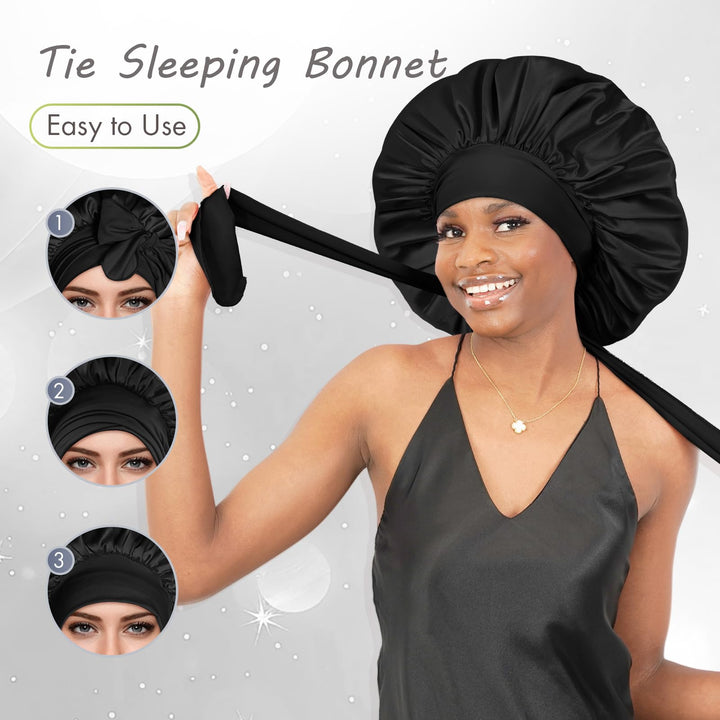 Silk Bonnet for Sleeping Women Satin Bonnet Hair Bonnet Large Bonnet Night Sleep Cap Scarf Wrap for Curly Hair with Tie Band Black