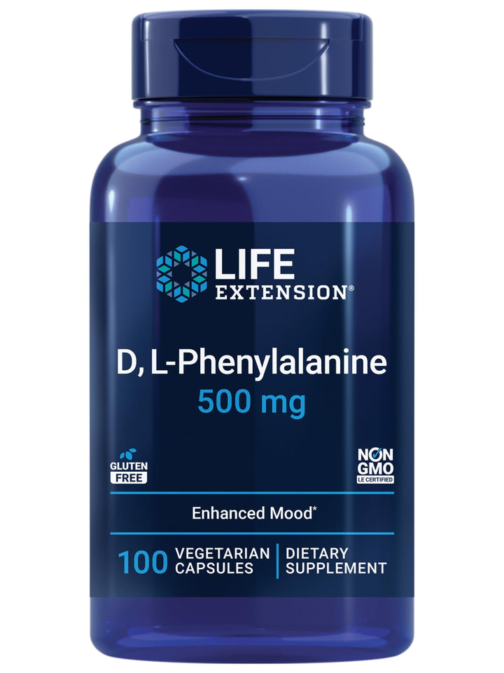 D, L-Phenylalanine Capsules, 500 mg – Supports Mood Health, Promotes Neurotransmitter Health – Gluten-Free, Non-GMO, Vegetarian – 100 Capsules