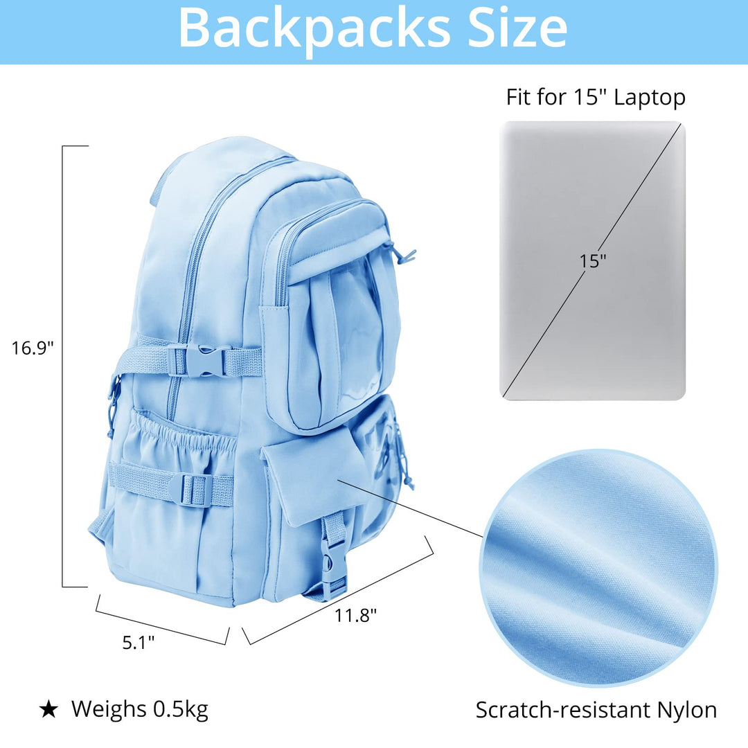 Kawaii Backpack Lovely Pastel Rucksack for Teen Girls Aesthetic Student Bookbags with Kawaii Pin and Cute Accessories (Light Blue-C)