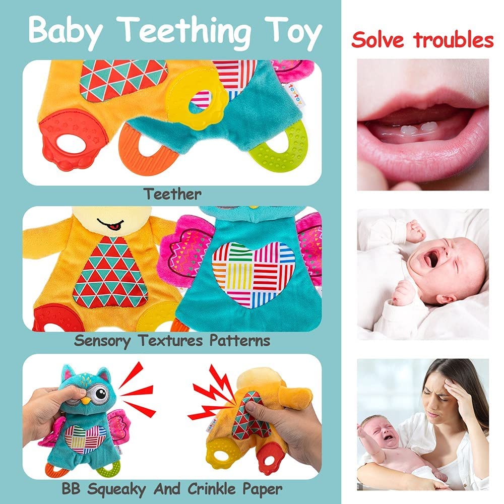 2 Pcs Crinkle Toys for Baby with Teether, Baby Teething Sensory Toys Newborn Bib Saliva Soother Towel, Soft Snuggle Sleeping Security Blanket for Unisex Babies 0-36 Months Gifts(Owl and Deer)