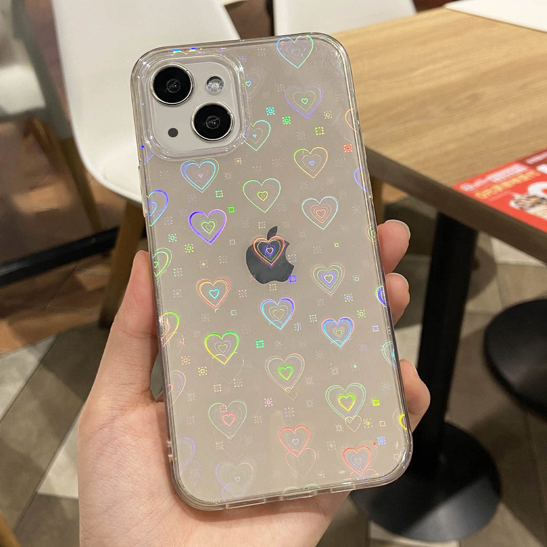 Compatible with iPhone 13 Mini Case, for Laser Glitter Bling Heart Soft & Flexible TPU and Hard PC Back Shockproof Cover Women Girls Heart Pattern Phone Case (Rainbow Heart/Clear)