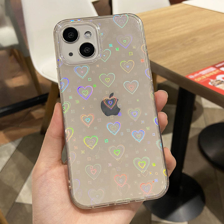 Compatible with iPhone 13 Mini Case, for Laser Glitter Bling Heart Soft & Flexible TPU and Hard PC Back Shockproof Cover Women Girls Heart Pattern Phone Case (Rainbow Heart/Clear)
