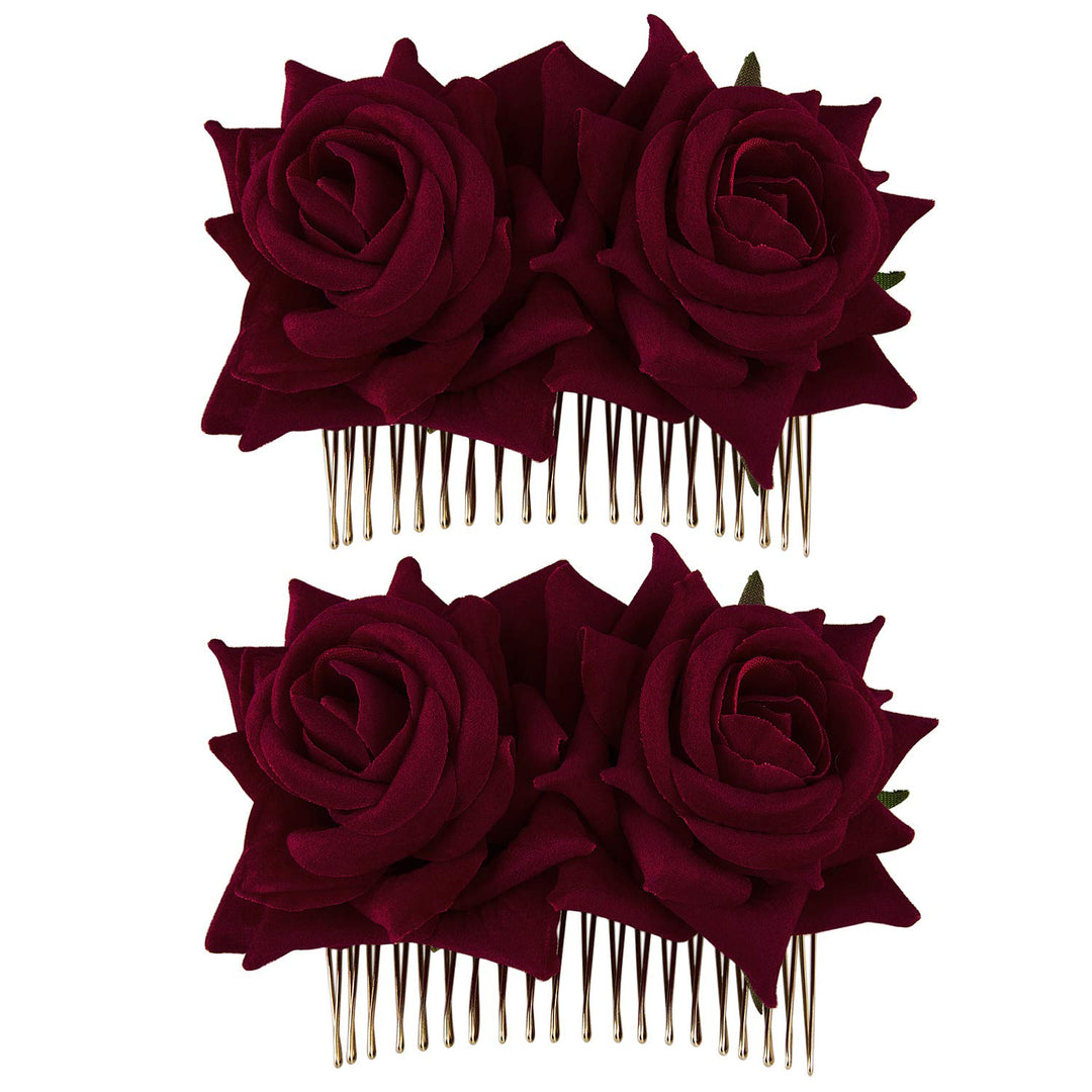Crownguide 2-Pack Rose Flower Bridal Hair Combs Women Wedding Hair Accessories Pieces For Brides Flamenco Dancer Hairstyles Burgundy