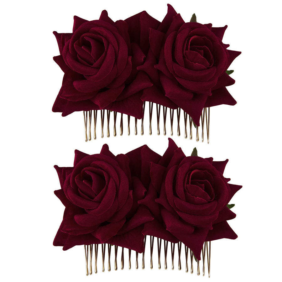 Crownguide 2-Pack Rose Flower Bridal Hair Combs Women Wedding Hair Accessories Pieces For Brides Flamenco Dancer Hairstyles Burgundy