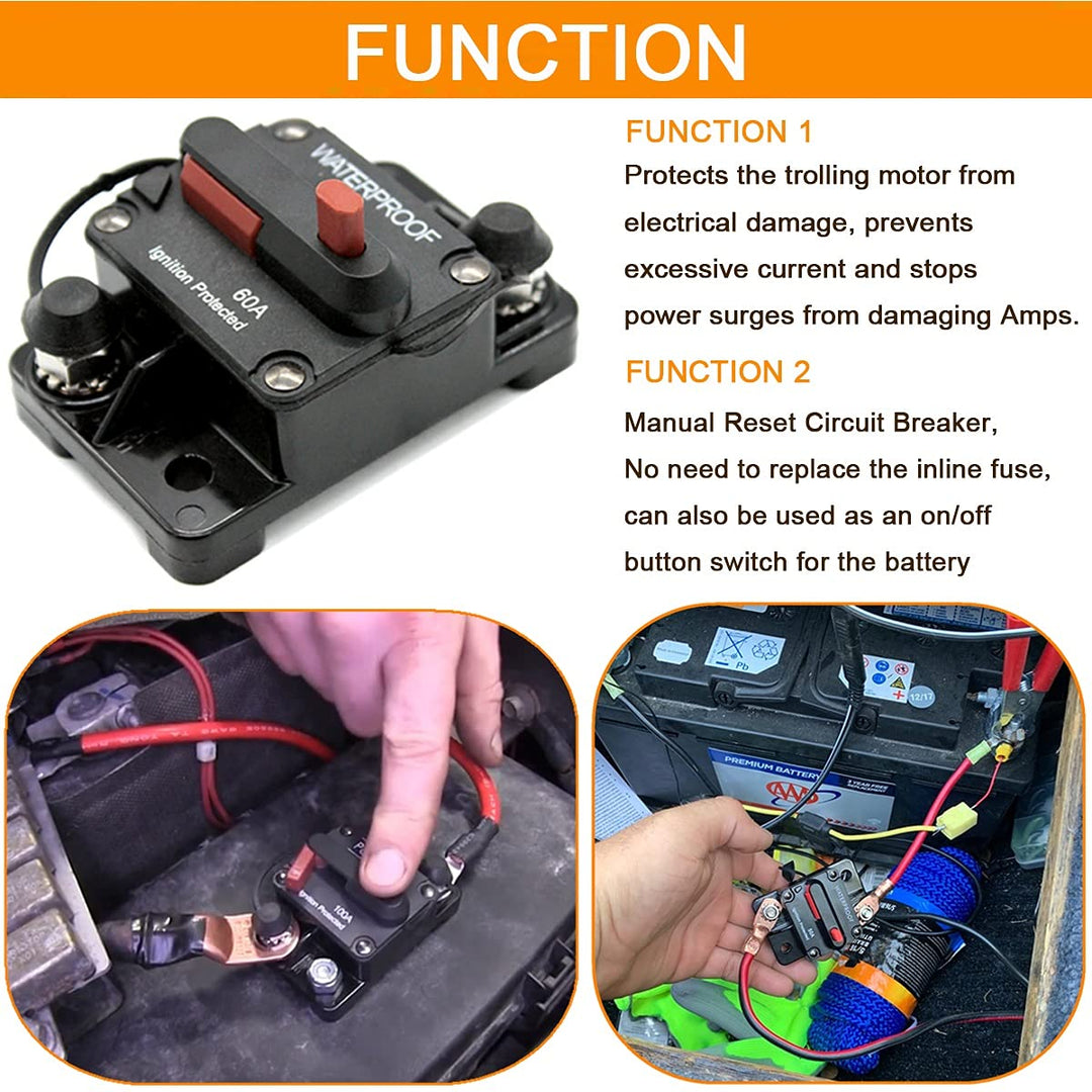 100 Amp Circuit Breaker with Manual Reset Fuse for Car Marine Trolling Motors Boat ATV Manual Power Protect for Audio System Fuse DC 12V-48V Waterproof (100A),74 x 49 x 44