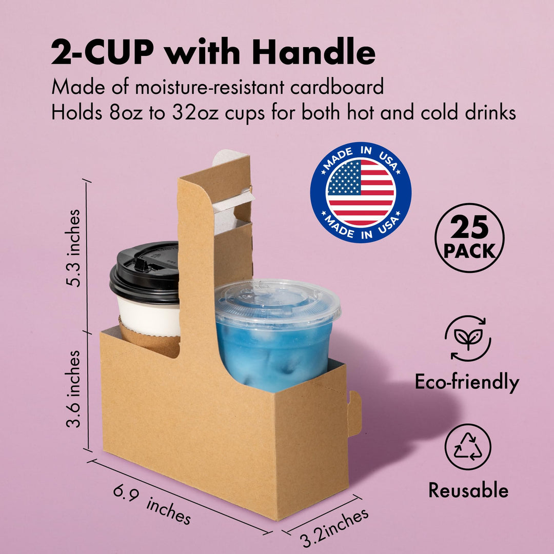 2 Cup Drink Carrier with Handle for Delivery, 25 Pack Portable Foldable Drink Carrier Caddy for 12-30 oz Cold Hot Drinks, to Go Cups Holder for Take Out, Uber Eats, Doordash, Grubhub