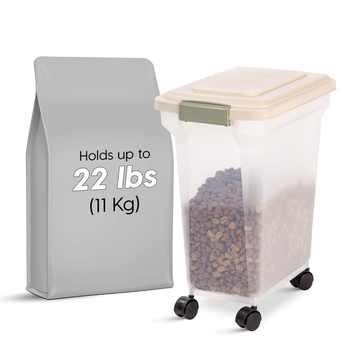 USA WeatherPro Airtight Dog Food Storage Container, Up to 22 lbs, Attachable Wheels, For Dog Cat Bird and Other Pet Food Storage Bin, Keep Fresh, Translucent Body, Clear/Almond