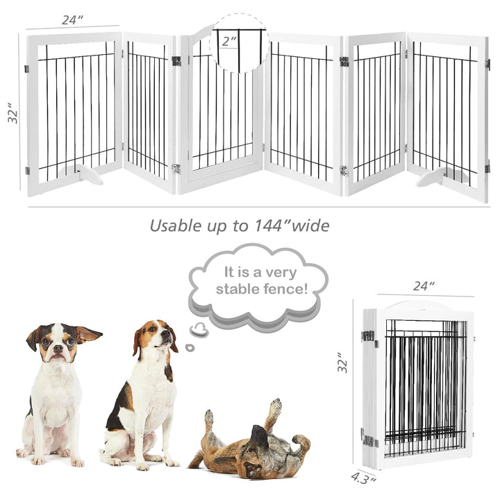 144-inch Extra Wide 30-inches Tall Dog gate with Door Walk Through, Freestanding Wire Pet Gate for The House, Doorway, Stairs, Pet Puppy Safety Fence, Support Feet Included, White,6 Panels