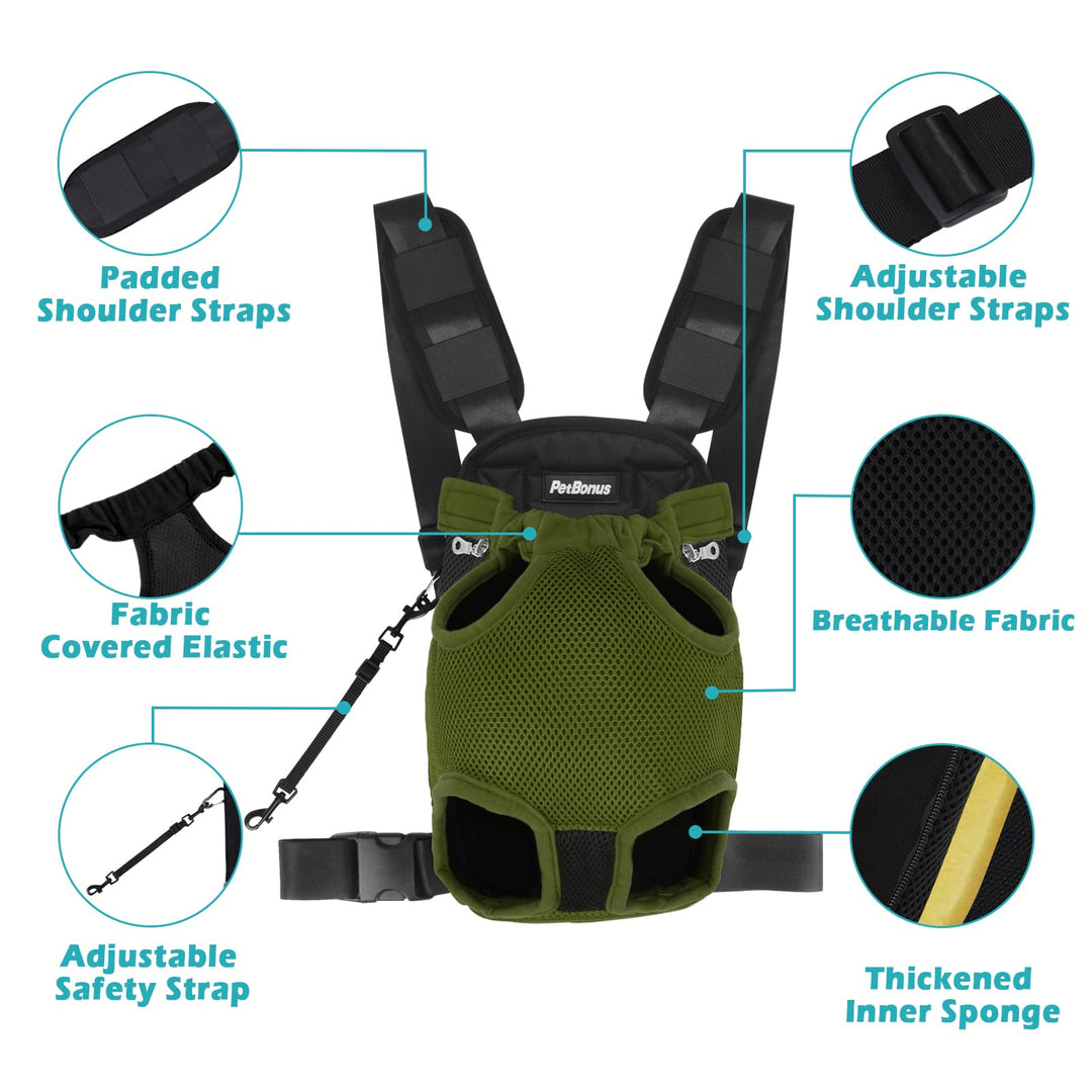 Pet Front Dog Carrier Backpacks, Adjustable Dog Carrier, Legs Out Easy-fit Dog Travel Backpack for Hiking, Cycling, Hands Free Dog Chest Carrier for Medium Small Dogs (Army Green, XL)