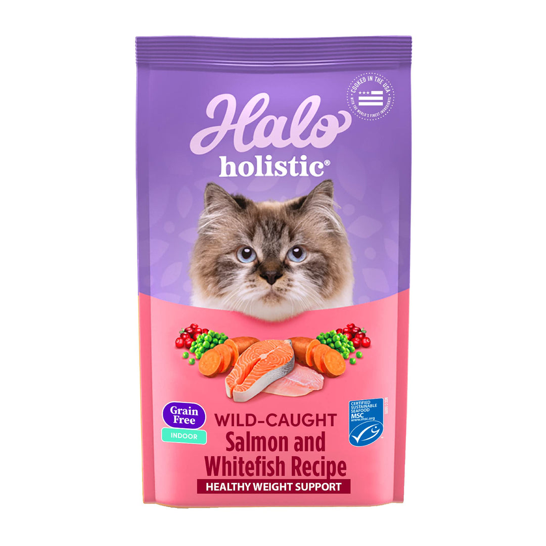 Halo Holistic Indoor Cat Food Dry, Grain Free Wild-caught Salmon & Whitefish Recipe for healthy weight support, Complete Digestive Health, Dry Cat Food Bag, Adult Formula, 6-lb Bag