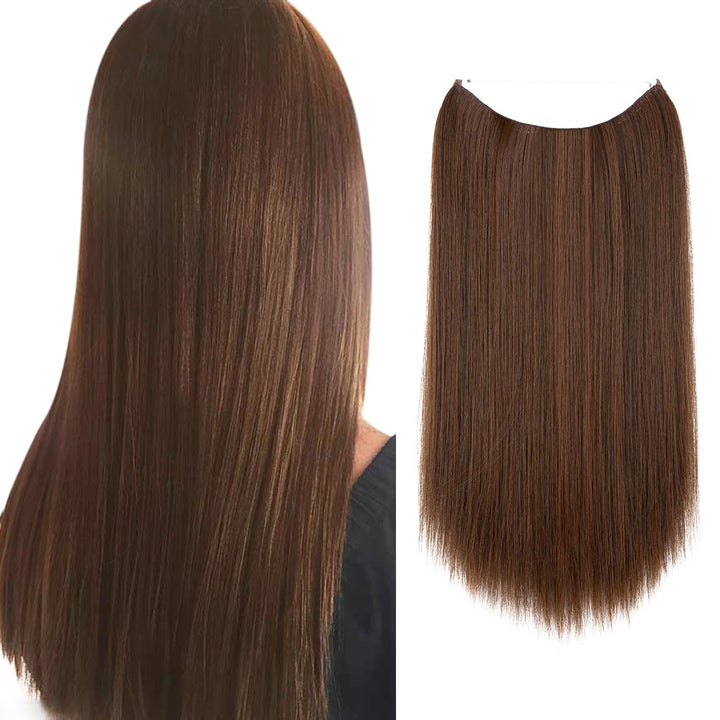Brown Invisible Wire Hair Extensions Straight Adjustable Headband Long Synthetic Hairpieces 22 Inch for Women Heat Friendly Fiber No Clip