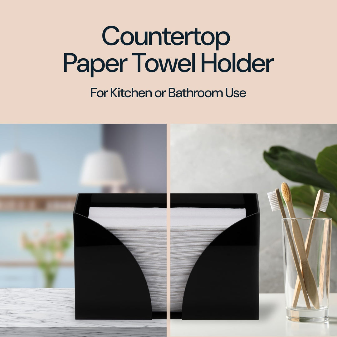 Acrylic Countertop Paper Towel Holder Dispenser – Black Acrylic Storage Holder for Kitchen & Bathroom | Hand Towel Napkins Tissue | Bathroom Napkin Dispenser, C Fold Trifold, Multi-fold