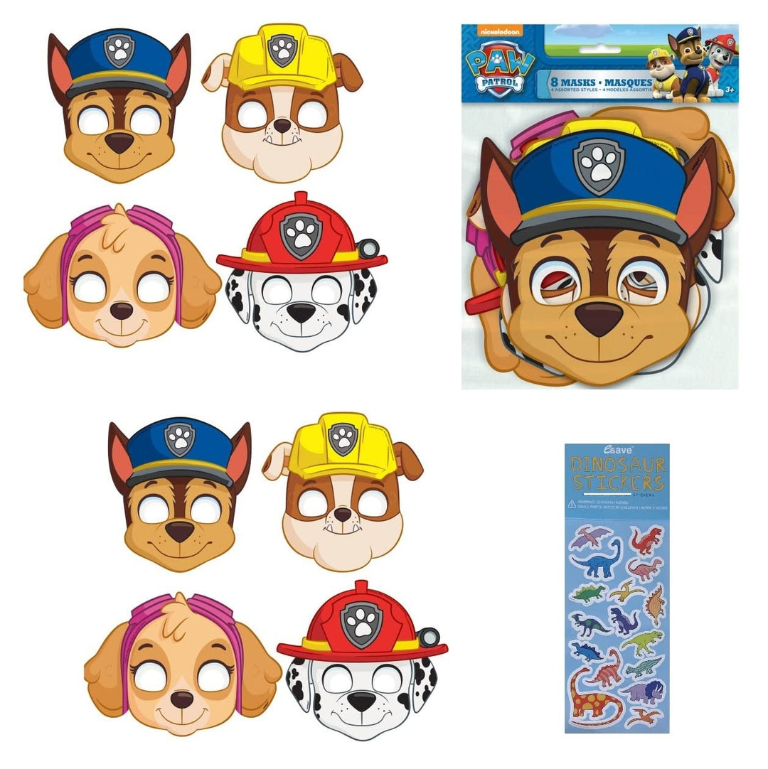 Paw Patrol Birthday Party Supplies Decoration Bundle Includes 16 Kid's Party Paper Masks and 1 Dinosaur Sticker Sheet