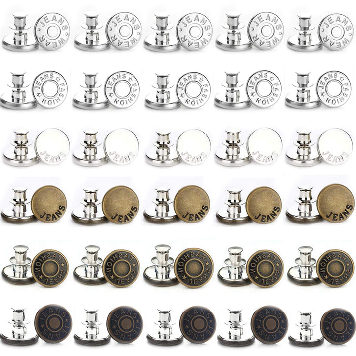 30pcs Button Pins for Jeans,6 Style Jean Button Pins Instant Buttons Jean Button Adjustable Jean Button Pins for Adjusting Waist.