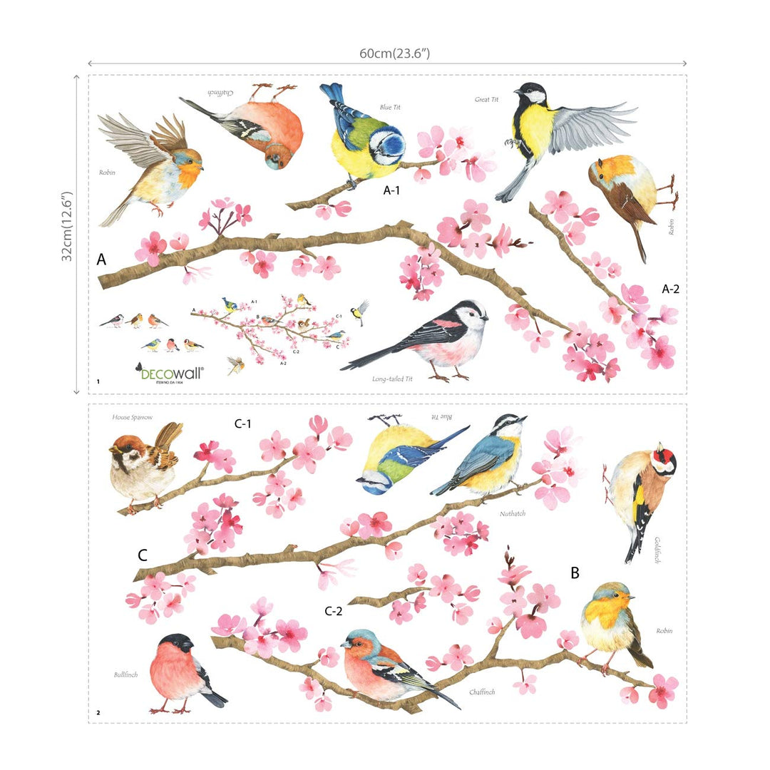 DWL-1904 Cherry Blossom Garden Birds Kids Wall Stickers Wall Decals Peel and Stick Removable Wall Stickers for Kids Nursery Bedroom Living Room dcor
