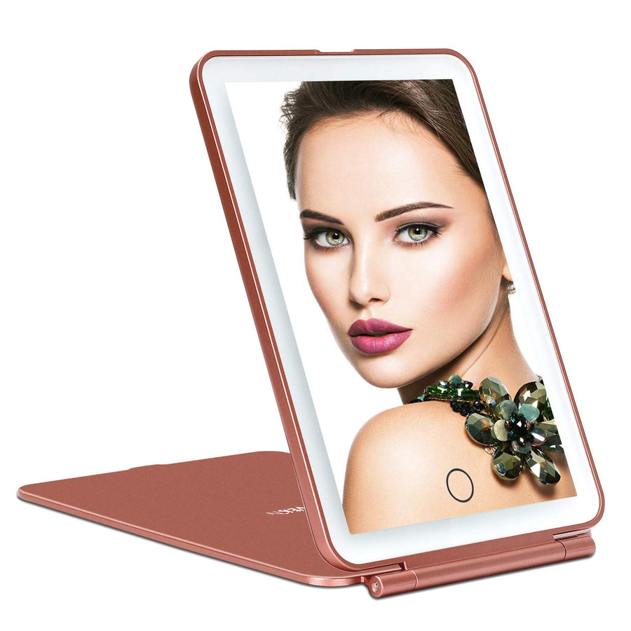 LED Makeup Mirror for Travel, 32 LEDs Lighted Vanity Mirrors with Dimmable Light,Compact, Slim, Rechargeable Lighted Mirror, Folding Makeup Mirror for Beauty