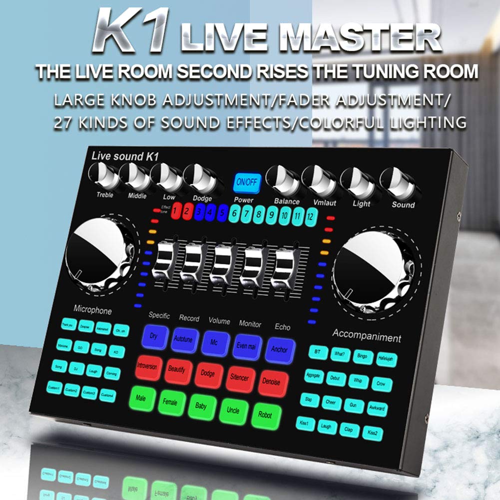 Live Sound Card, Mini Sound Mixer Board for Live Streaming, Portable Bluetooth Voice Changer Sound Card with Multiple Sound Effects, Sound Audio Mixer Board for Music Recor-ding