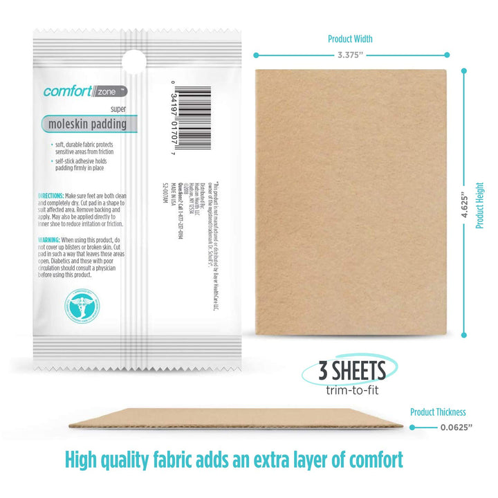 Super Moleskin Padding, Protects Tender Areas of The Foot from Friction, Light Brown, 3 Count, Pack of 3