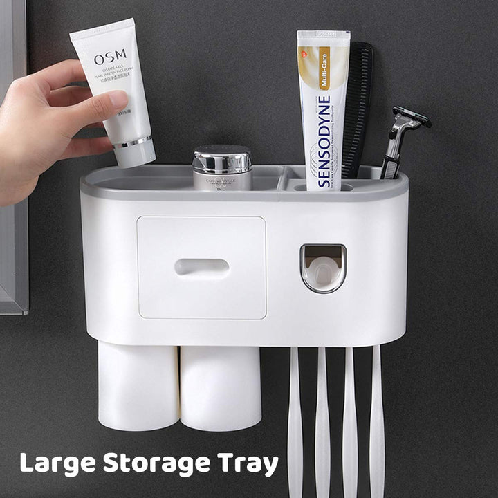 Toothbrush Holder Wall Mounted,Automatic Toothpaste Dispenser Kit with 4 Toothbrush Slots and Drawer Magnetic,Space-Saving Toothbrush Storage, Bathroom Organizer (2 Cups)