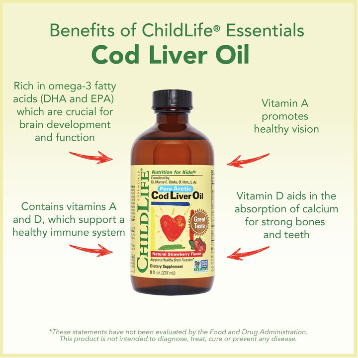 CHILDLIFE Essentials Cod Liver Oil for Kids - Liquid, Arctic Cod Liver Oil for Babies 6+ Months, Toddlers, & Children, Added DHA, EPA, Omega-3 Fatty Acids - Strawberry, 8 fl oz