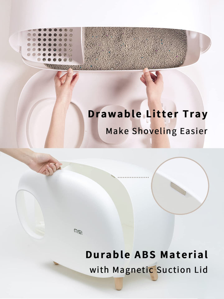 Cat Litter Box (with Litter Mat), Enclosed Design, Large Space Litter Box with Lid, Prevent Sand Leakage and Isolate Odors, Easy to Clean, with Cat Litter Scoop - White