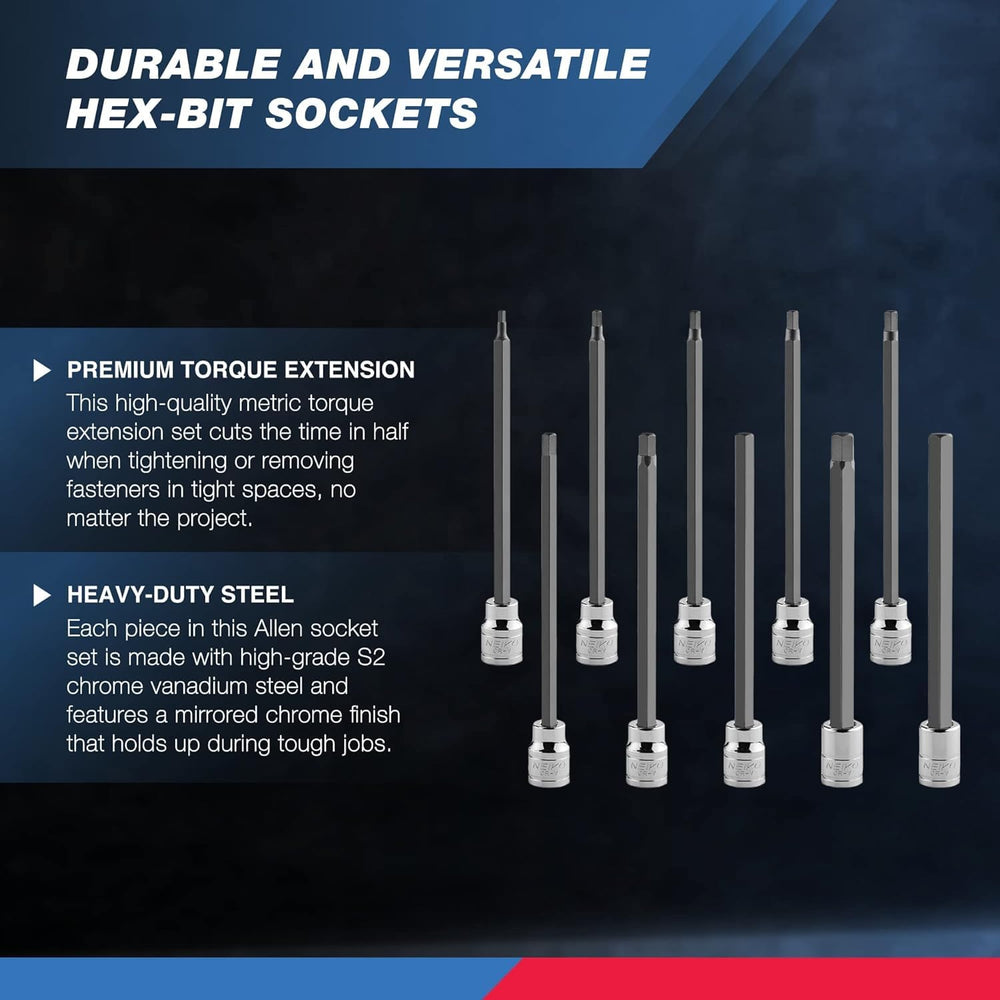 Neiko 10077A 3/8” Drive Metric Extra Long Allen Hex Bit Socket Set | 10 Pieces | Sizes 3mm – 10mm | Shaft Length 6” | Premium S2 Steel Bits | Heavy Duty Cr-V Sockets | Exceeds ANSI Standards