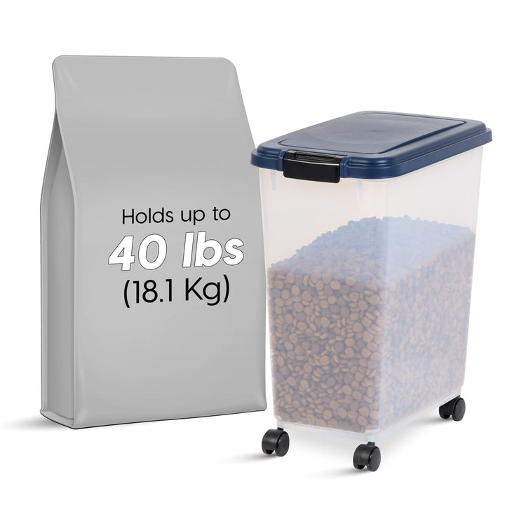 USA Airtight Dog Food Storage Container, Up to 40 lbs, Attachable Wheels, For Dog Cat Bird and Other Pet Food Storage Bin, Keep Fresh, Translucent Body, Easy Mobility, Navy