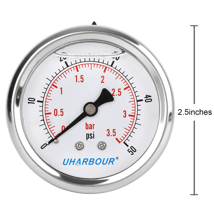 UHARBOUR Glycerin Filled Low Pressure Gauge 50psi/3.5bar, Stainless Steel case, Brass Inside Construction, 2-1/2 dial, 1/4NPT Back Connection.…