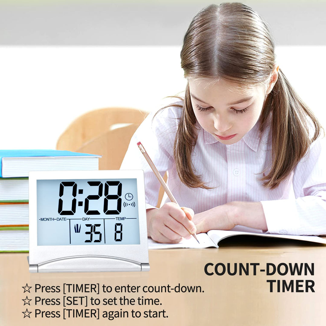Digital Travel Alarm Clock with White Backlight - Foldable Calendar Temperature Timer LCD Clock with Snooze Mode - Large Number Display, Battery Operated - Compact Desk Clock for All Ages