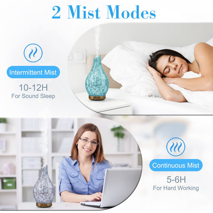 Essential Oil Diffusers 150ml, Glass Aromatherapy Diffuser with 2 Mist Modes Waterless Auto-Off 7 Colors Changed LED Handmade Glass Diffuser for Home Yoga Office