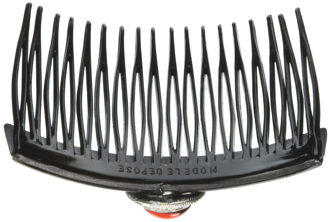 Hand Decorated French Over Lapping Comb with Large Siam and Swarovski Crystal Stones, Black, .65 Ounce