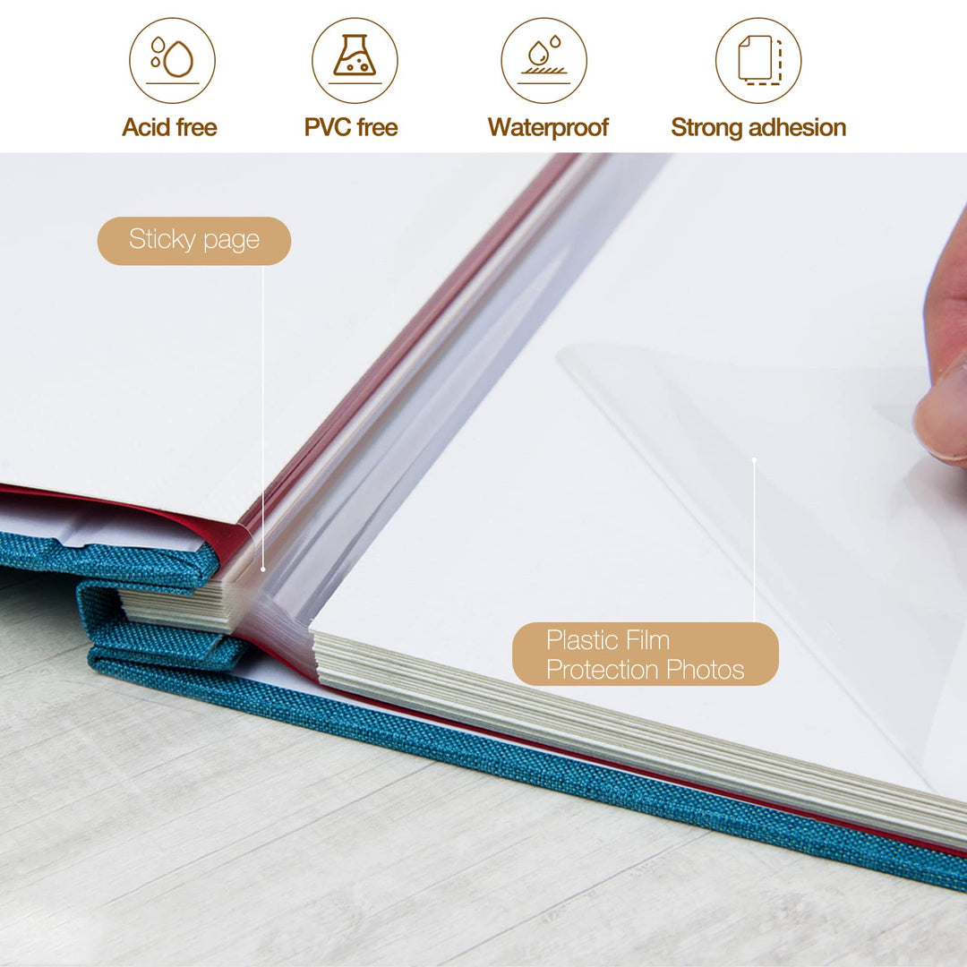 Large Photo Album Self Adhesive 3x5 4x6 5x7 8x10 10x12 Pictures Linen Cover 40 Blank Pages Magnetic DIY Scrapbook Album with A Metallic Pen (Blue, 13.2x12.8 inches 40 Pages)