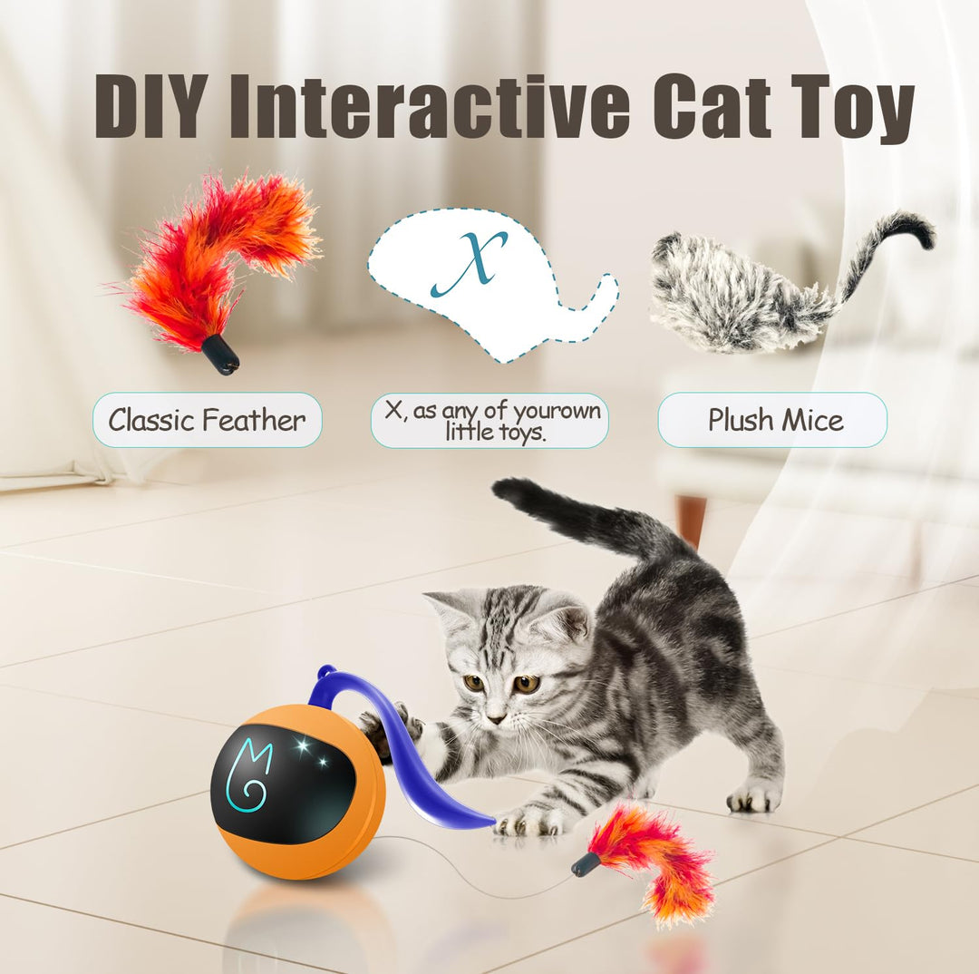 Interactive Cat Ball Toy Set, Fun Tracker, Automatic Rolling Chase Ball with Fluffy Tail, A Small Mice, Rechargeable(Orange)