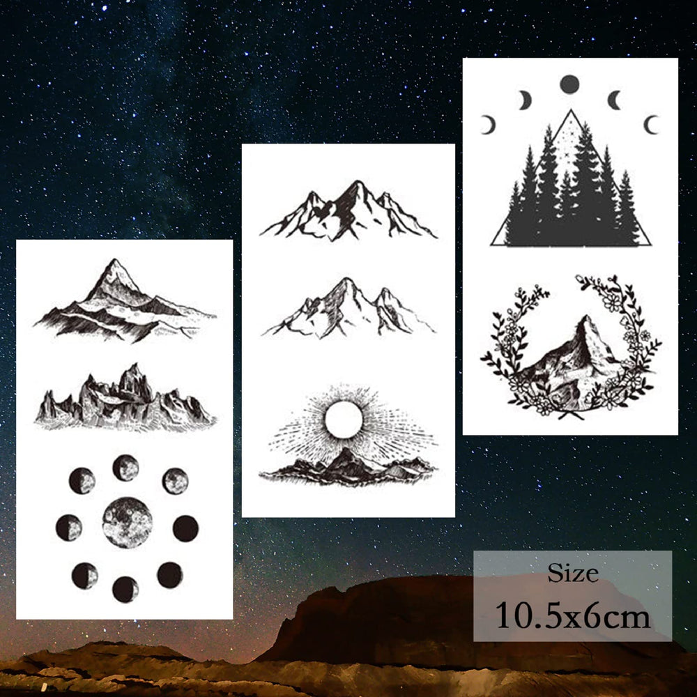 62 Sheets Mountain Temporary Tattoos Stickers, Including Fake Tattoos Waterproof Black Geometry Sun Star Moon Tree Triangle Sea Wave Semi Permanent Tattoos for Adult and Kids